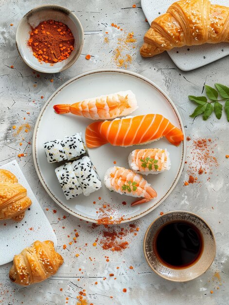 Photo sushi and croissants a culinary fusion photographs representing countries like japan france and