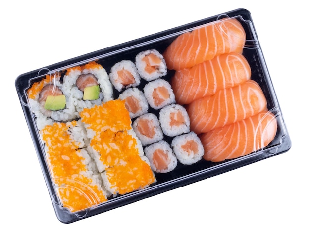 Sushi delivery box isolated on white Japanese set menu in black transparent box Top view