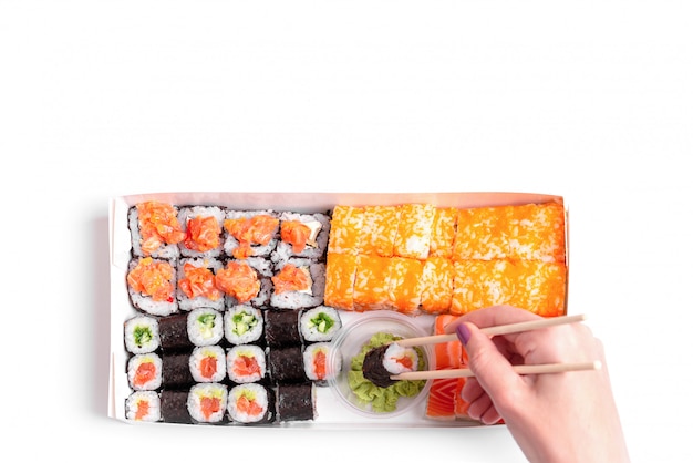 Sushi delivery to go set japanese chinese food isolated white 