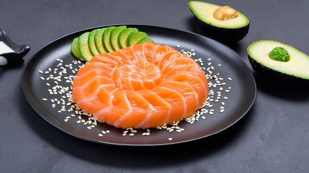 Photo a sushi dish with salmon and avocado on a black plate with a side of rice and garnish a stock