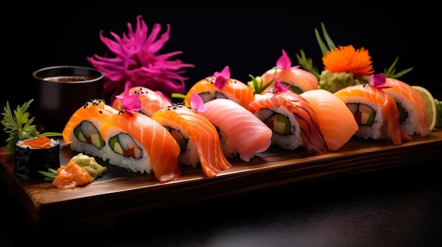 Sushi Elegance Exquisite Sushi Platter Arrangement on Sleek Dark Background