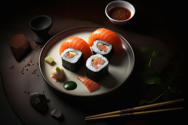 Sushi and fish tenderloin on a plate with chopsticks reflecting Japanese culture and gourmet cuisine Ai generative