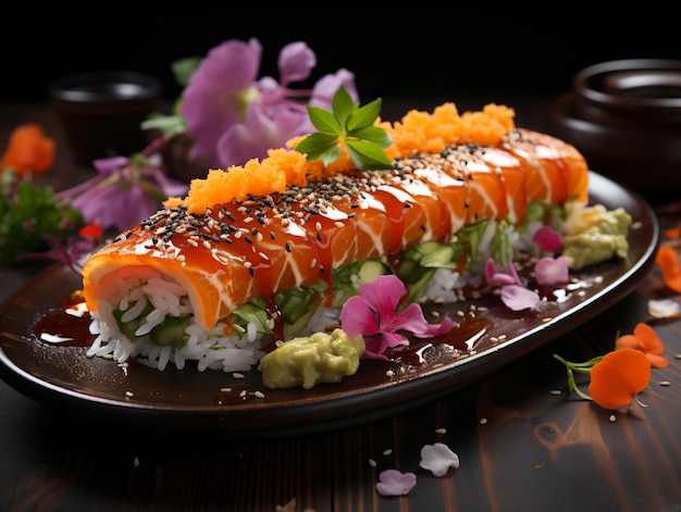 Sushi and fried garlic shrimps prawn on a stone plate with black background