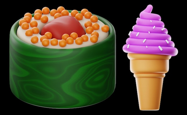 sushi and ice cream food and drink icon 3d rendering on isolated background