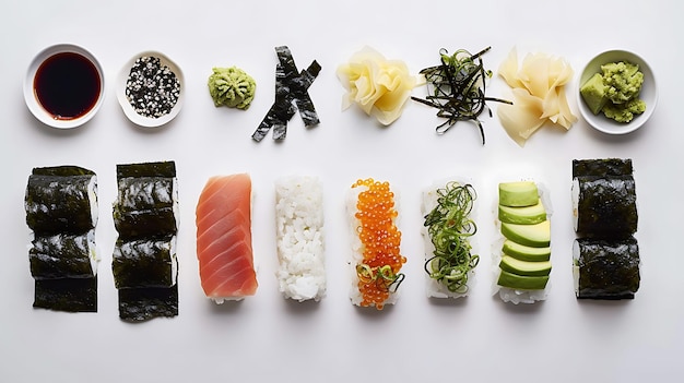 Photo sushi ingredients arranged on a white surface