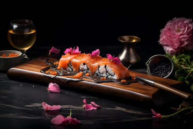 Photo a sushi is on a wooden board with a bottle of wine