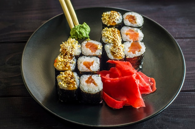 Sushi mackerel with salmon and eel on a platter