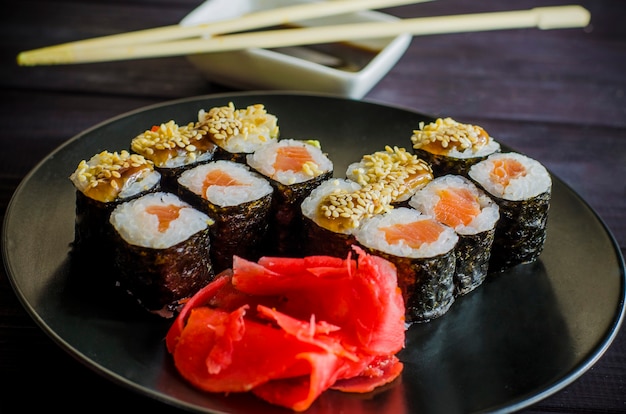 Sushi mackerel with salmon and eel on a platter