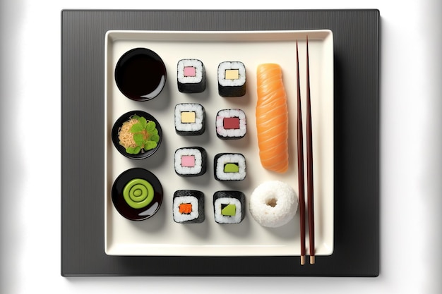 Sushi maki gunkan roll plate or platter set Japanese restaurant Set for two including ginger soy wasabi and chopsticks Isolated sushi on a white background flat lay top view