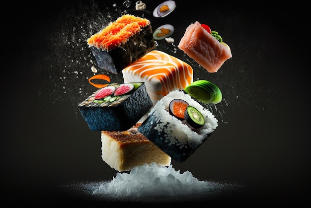 Sushi maki pieces flying in air Japanese food on black background generative AI