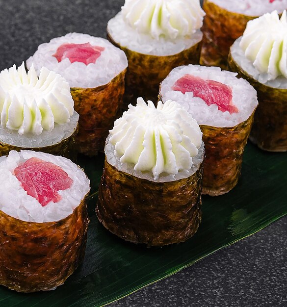 sushi maki rolls with tuna inside with Philadelphia cheese