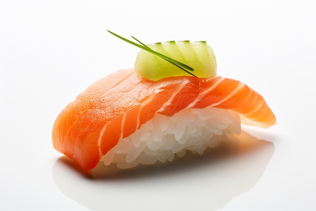 Sushi nigiri with a topping of fresh wasabi and a slice of cucumber