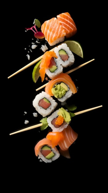 Sushi pieces placed between chopsticks separated on black background Popular sushi food