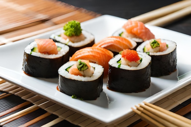 Sushi on a plate with chopsticks