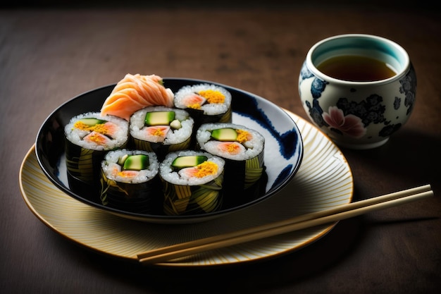 Sushi on a plate with a cup of tea