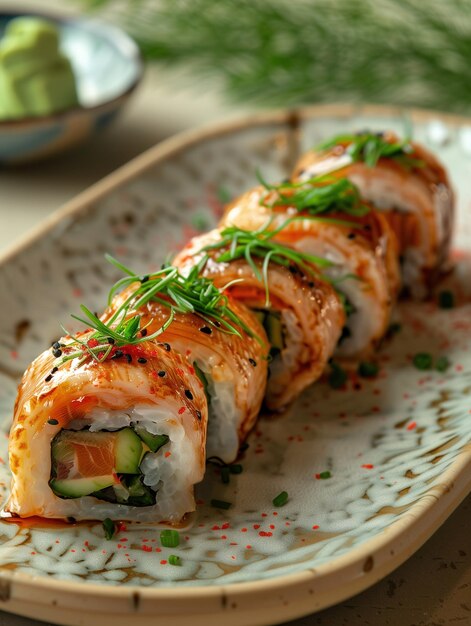 Sushi plate with Dancing Eel Roll avocado and cucumber on a light background