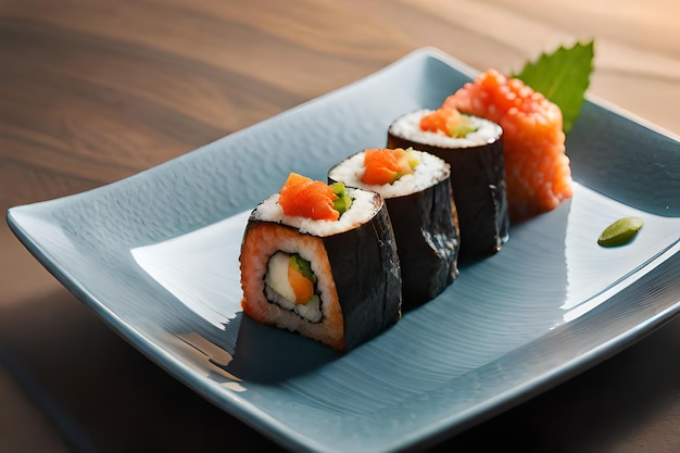 Sushi on a plate with a green leaf