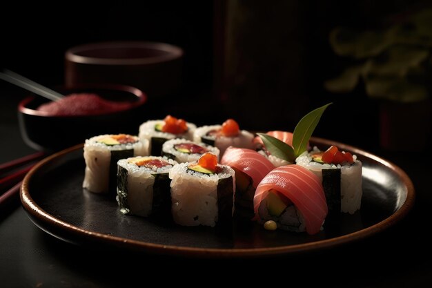 Sushi on a plate with a red candle in the background