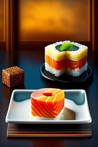 A sushi plate with a sushi roll on it and a sushi plate with a green leaf on it.