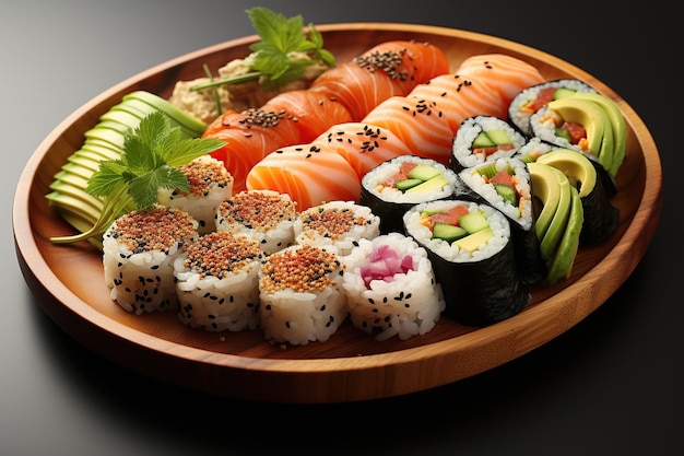 Sushi Platter Assorted sushi rolls featuring fresh fish avocado cucumber and rice served with soy sauce and wasabi