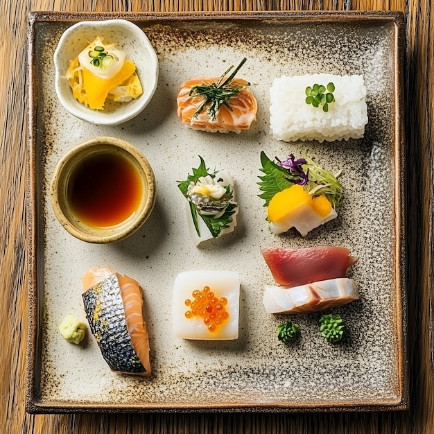 Photo a sushi platter in a minimalist japanese setting and serve with tradition japanese food