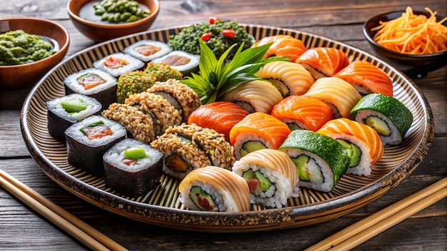 Sushi platter A plate of different combination of sushi with a bowl of soba