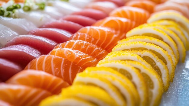 Photo sushi platter with assorted fish and lemon slices arranged beautifully at a japanese restaurant for a delightful dining experience