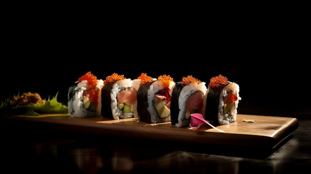 A sushi platter with a black background