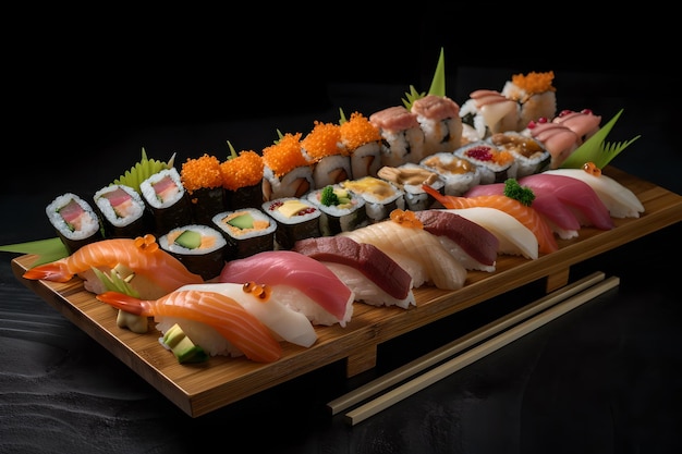 A sushi platter with a black background