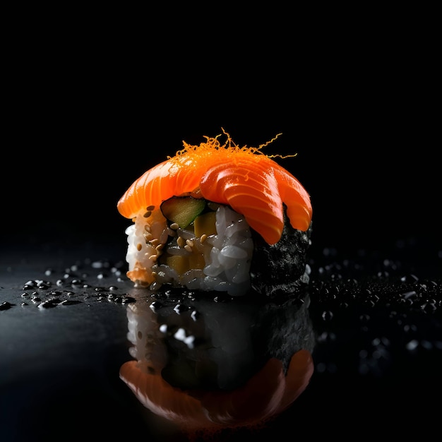 Sushi roll on a black background with drops of water Japanese food