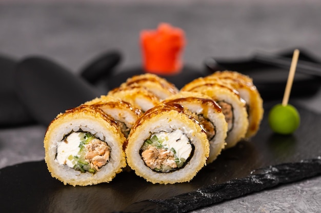 Sushi roll on dark background Japanese and asian food concept