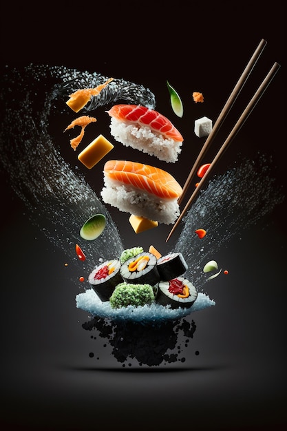 Sushi roll flying in air Japanese maki food on dark background generative AI