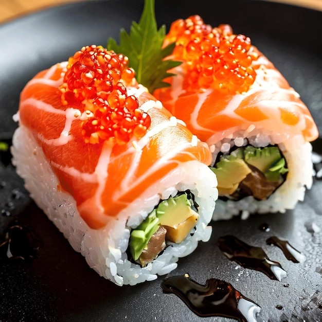 Sushi roll Philadelphia Filled with crabs and cream cheese wrapped in nori seaweed and rice with salmon Japanese cuisine Sushi roll on white background