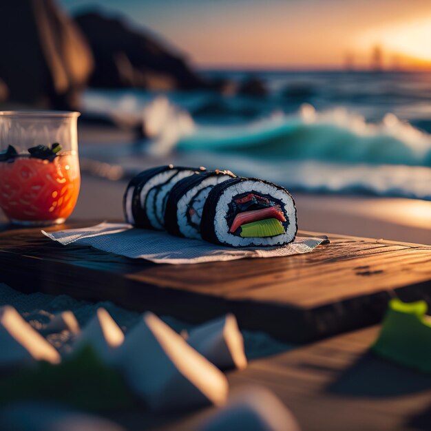 Photo a sushi roll on a table with a glass of orange juice on the beach.