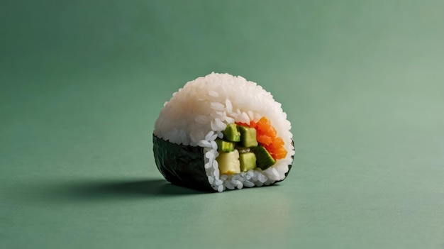 Sushi roll with avocado and cucumber on a green background