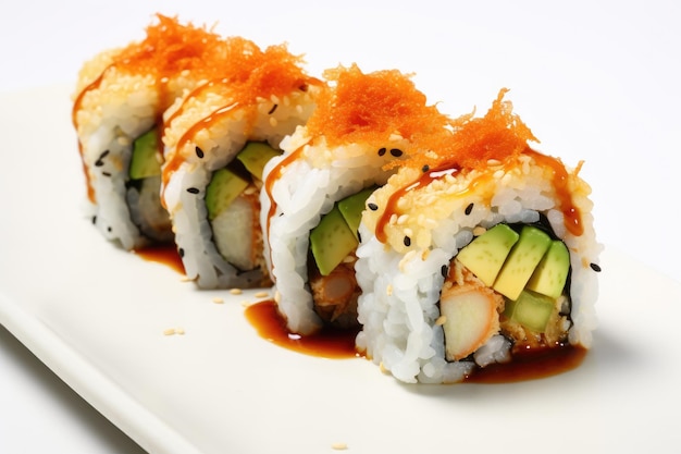 Sushi roll with cream cheese panko coated shrimp avocado dynamite sauce Side view photo on white bac