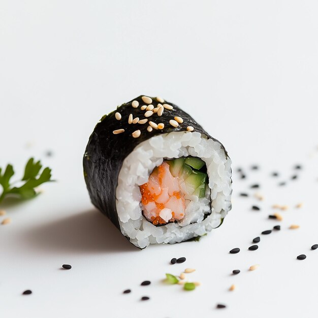 Photo sushi roll with a piece of salmon inside of it