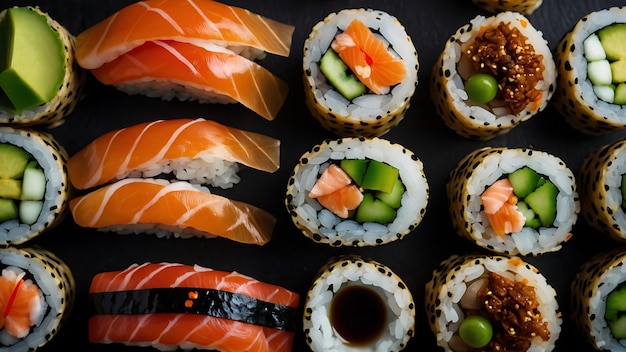 Sushi roll with salmon avocado and cucumber on a black background