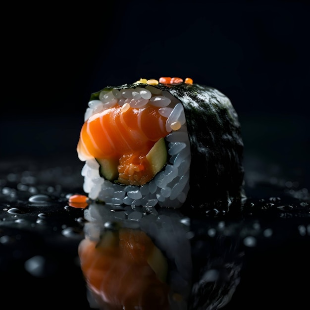 Sushi roll with salmon on a black background with drops of water