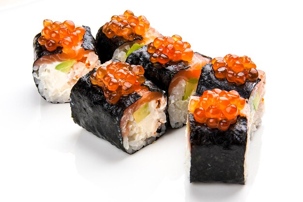 Sushi roll with salmon and red caviar in nori on white background