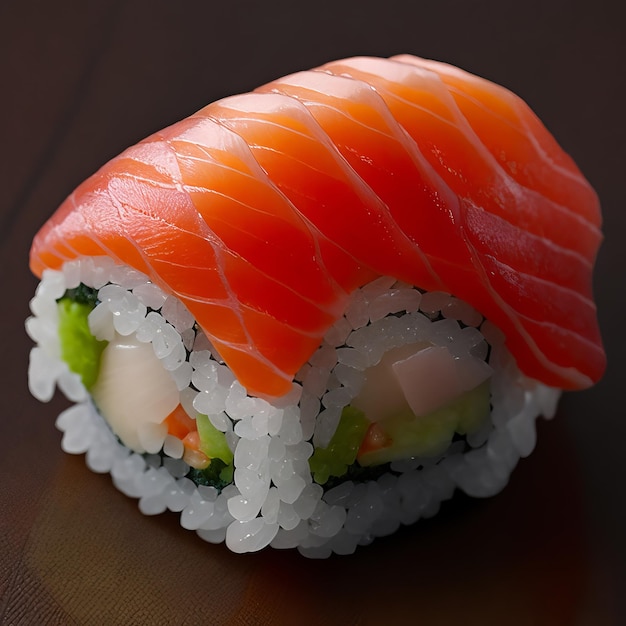 A sushi roll with a salmon sashimi on it