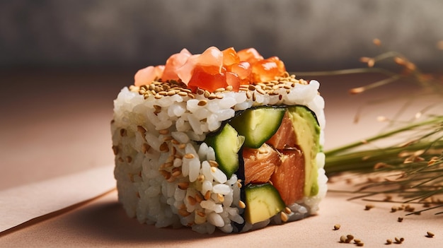 Sushi roll with salmon shrimps and avocado