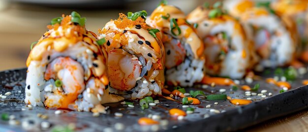 Photo sushi roll with shrimp tempura and spicy mayo