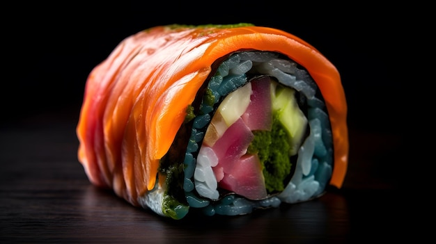 A sushi roll with a variety of vegetables on it