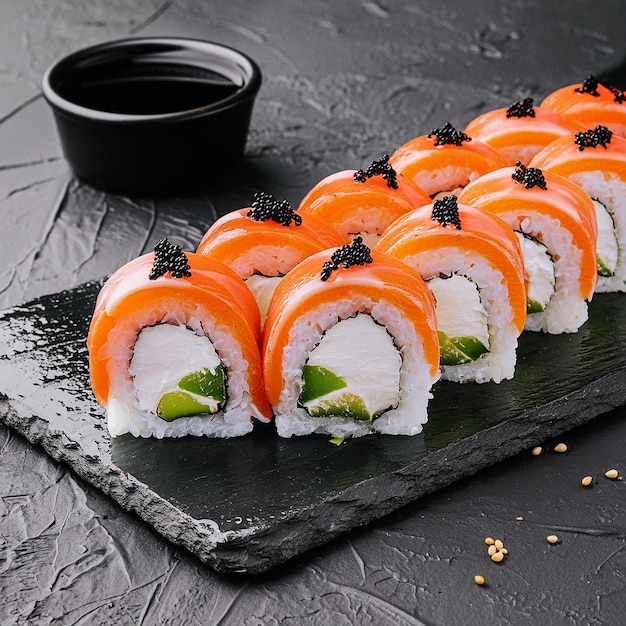 sushi rolls are lined up on a black mat