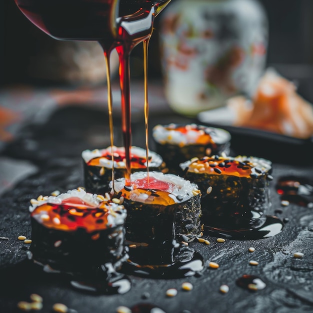 Photo sushi rolls are lined up on a table with a red liquid