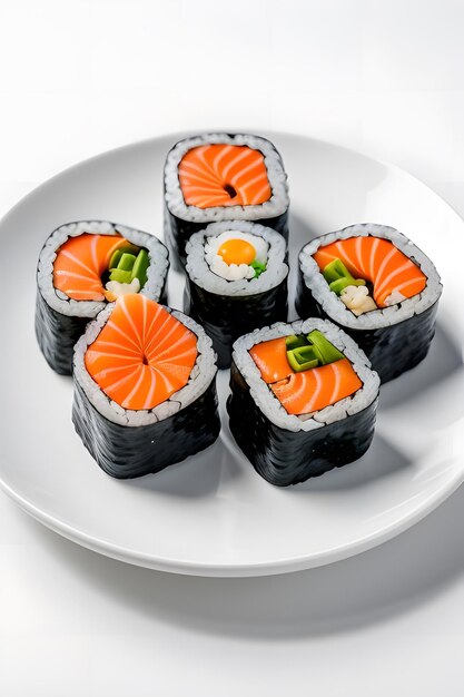 sushi rolls are on a plate with one that says sushi on it