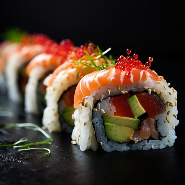 Sushi Rolls on a Black Background with Japanese Food