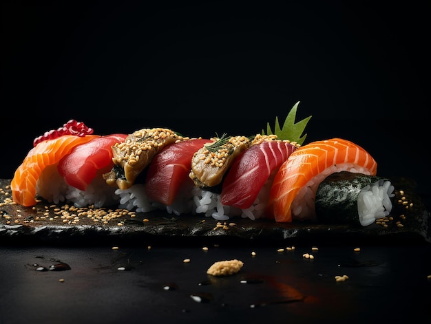 Sushi rolls on black backgroundJapanese traditional food generated ai