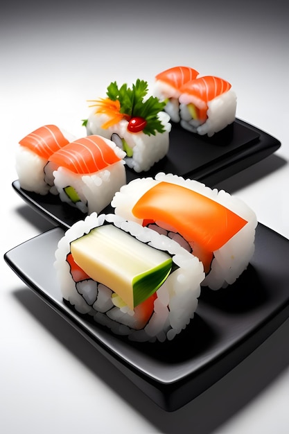 sushi rolls on a black tray with the words sushi on it